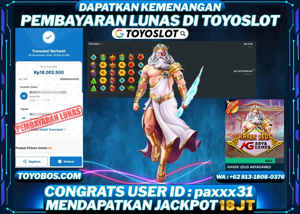 TOYOSLOT - BUKTI KEMENANGAN KAKEK ZEUS ARYA GAMES Rp18,005,000,- LUNAS